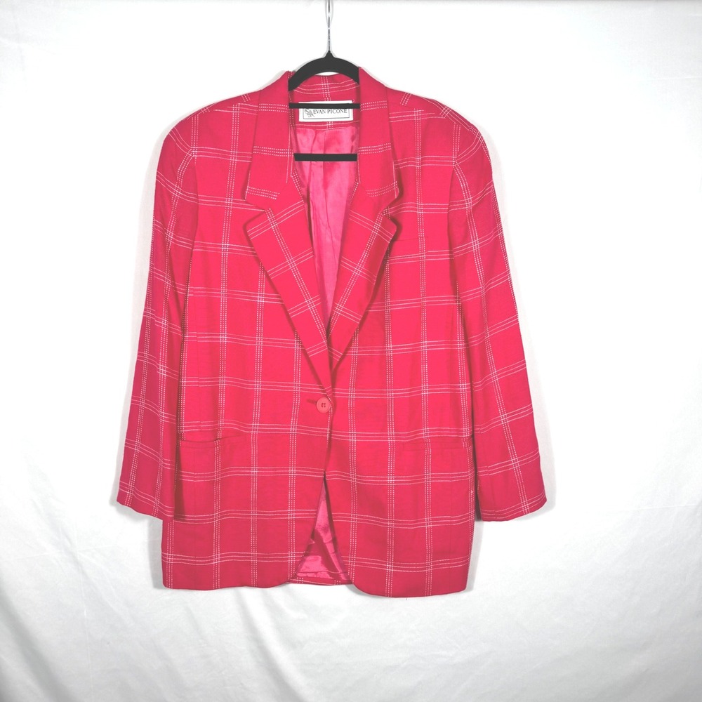 Evan Picone Blazer Women's 14 Red Plaid Career Business Casual Jacket